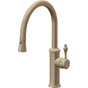 California Faucets - Pull-Down Kitchen Faucet with Button Sprayer  - Low Arc Spout - Antique Brass Flat