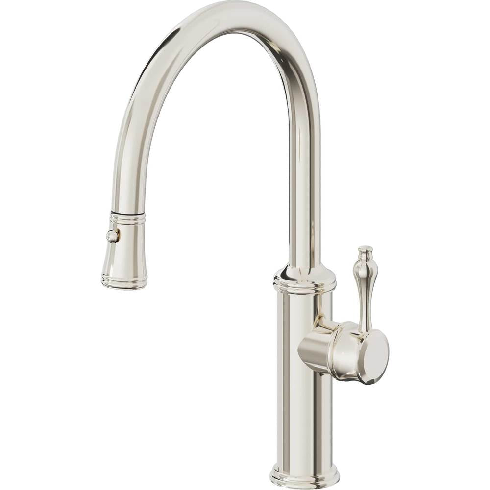 California Faucets - Pull-Down Kitchen Faucet with Button Sprayer  - Low Arc Spout - Polished Nickel Pvd