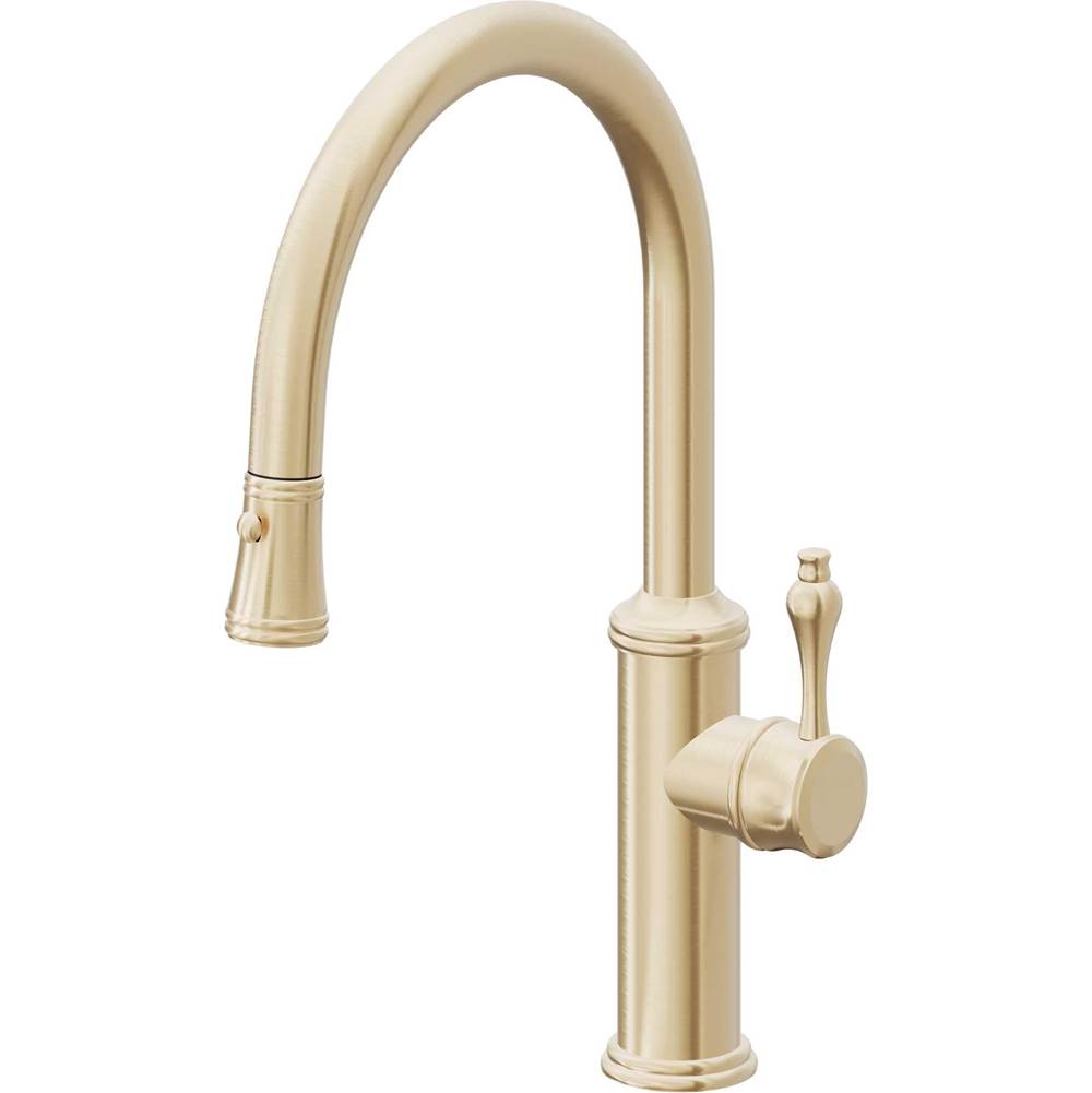 California Faucets - Pull-Down Kitchen Faucet with Button Sprayer  - Low Arc Spout - Satin Brass Pvd