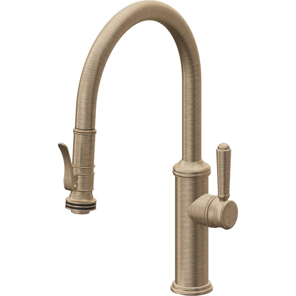 California Faucets - Pull-Down Kitchen Faucet with Squeeze Sprayer  - Low Arc Spout - Antique Brass Flat