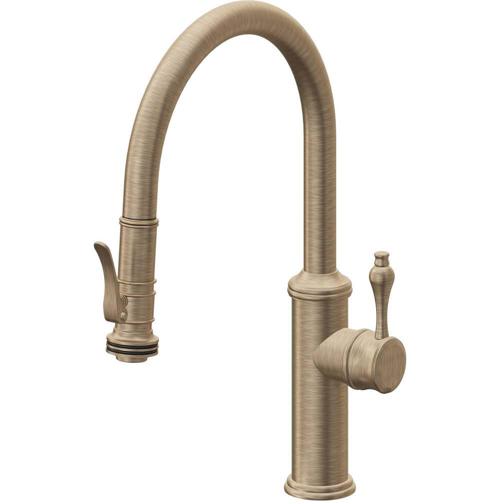 California Faucets - Pull-Down Kitchen Faucet with Squeeze Sprayer  - Low Arc Spout - Antique Brass Flat