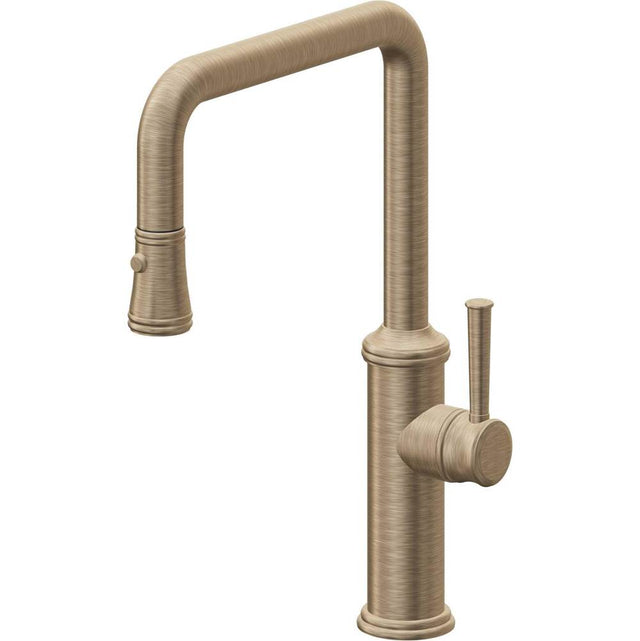 California Faucets - Pull-Down Kitchen Faucet with Button Sprayer  - Quad Spout - Antique Brass Flat