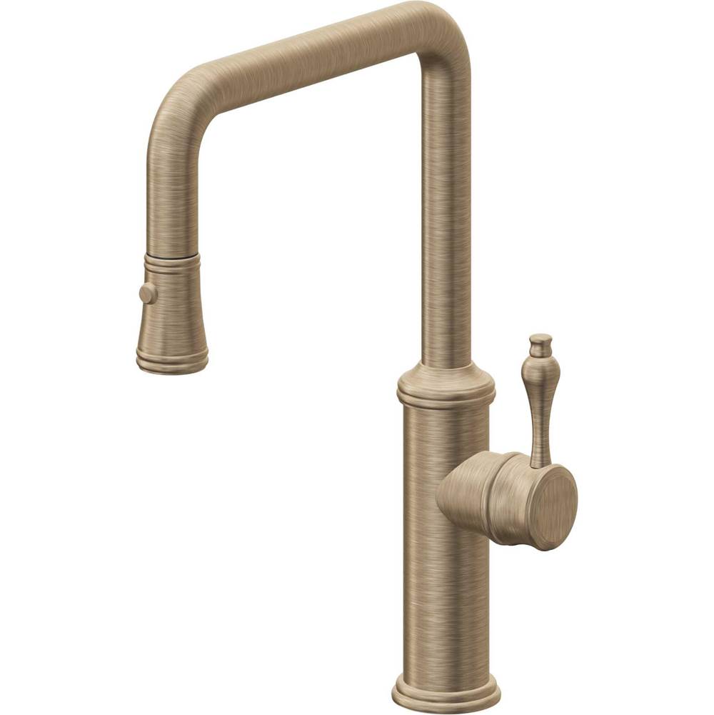 California Faucets - Pull-Down Kitchen Faucet with Button Sprayer  - Quad Spout - Antique Brass Flat