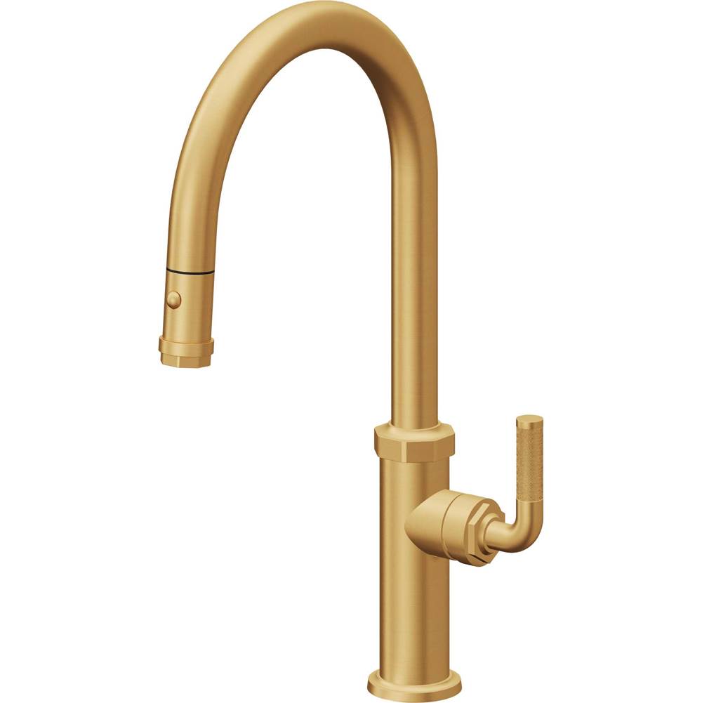 California Faucets - Pull-Down Kitchen Faucet with Button Sprayer  - High Arc Spout - Lifetime Satin Gold Pvd