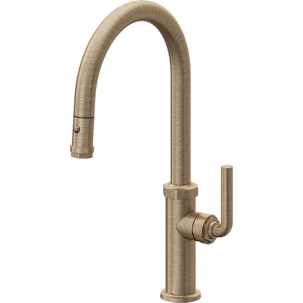 California Faucets - Pull-Down Kitchen Faucet with Button Sprayer  - High Arc Spout - Antique Brass Flat