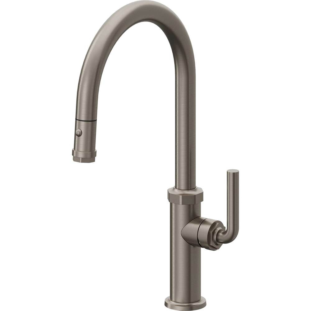 California Faucets - Pull-Down Kitchen Faucet with Button Sprayer  - High Arc Spout - Graphite Pvd