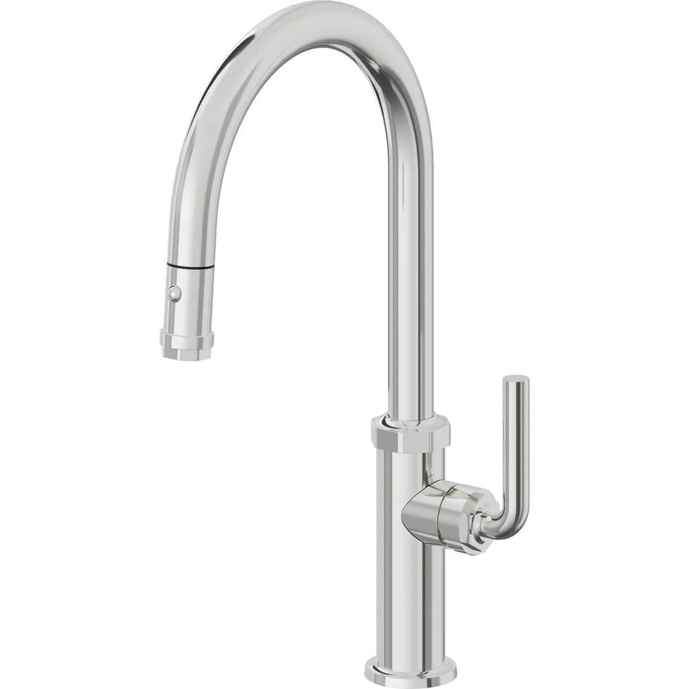 California Faucets - Pull-Down Kitchen Faucet with Button Sprayer  - High Arc Spout - Polished Chrome
