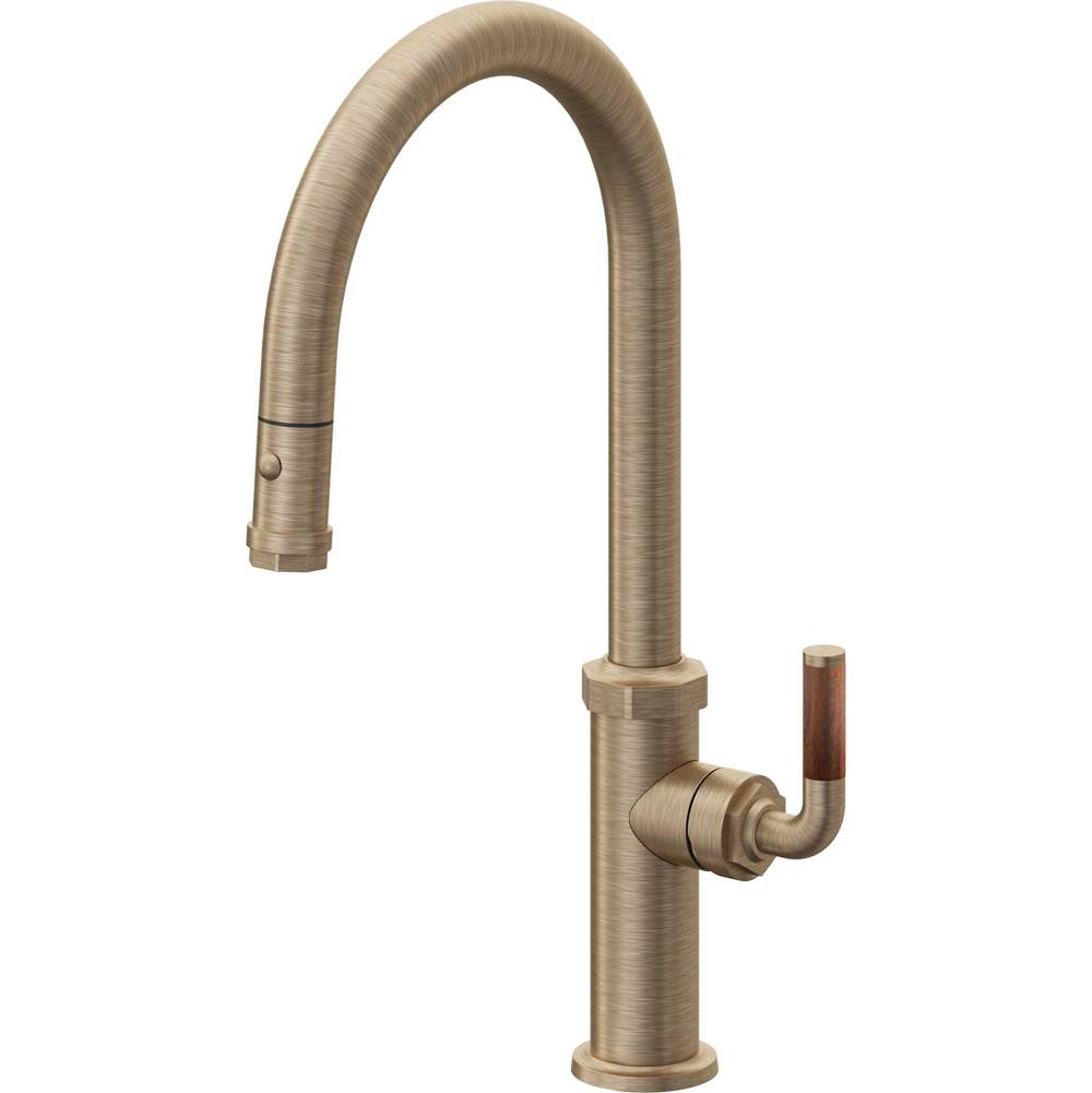 California Faucets - Pull-Down Kitchen Faucet with Button Sprayer - High Arc Spout - Antique Brass Flat