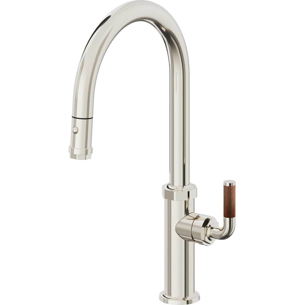 California Faucets - Pull-Down Kitchen Faucet with Button Sprayer - High Arc Spout - Polished Nickel Pvd