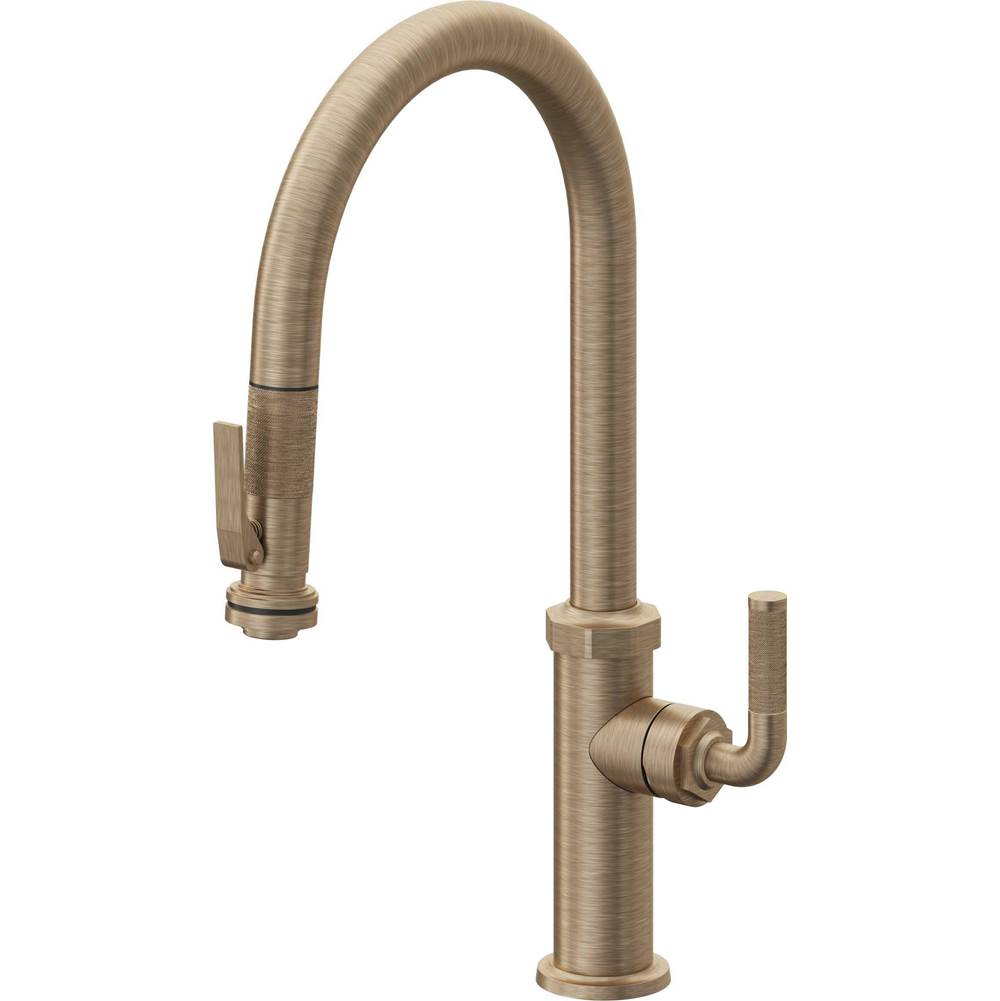 California Faucets - Pull-Down Kitchen Faucet with Squeeze Sprayer  - High Arc Spout - Antique Brass Flat