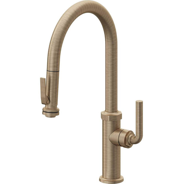 California Faucets - Pull-Down Kitchen Faucet with Squeeze Sprayer  - High Arc Spout - Antique Brass Flat