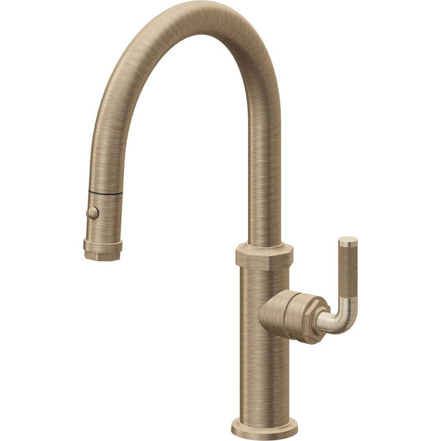 California Faucets - Pull-Down Kitchen Faucet with Button Sprayer  - Low Arc Spout - Antique Brass Flat