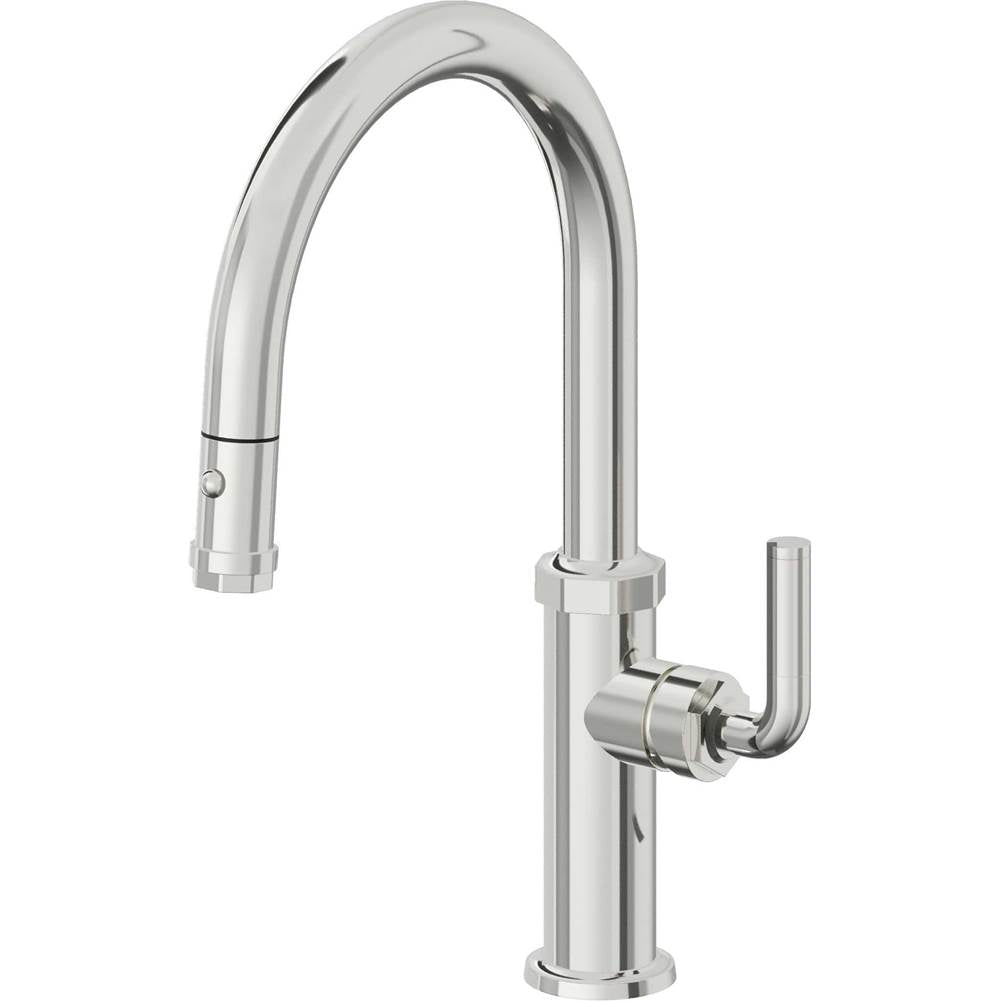California Faucets - Pull-Down Kitchen Faucet with Button Sprayer  - Low Arc Spout - Polished Chrome