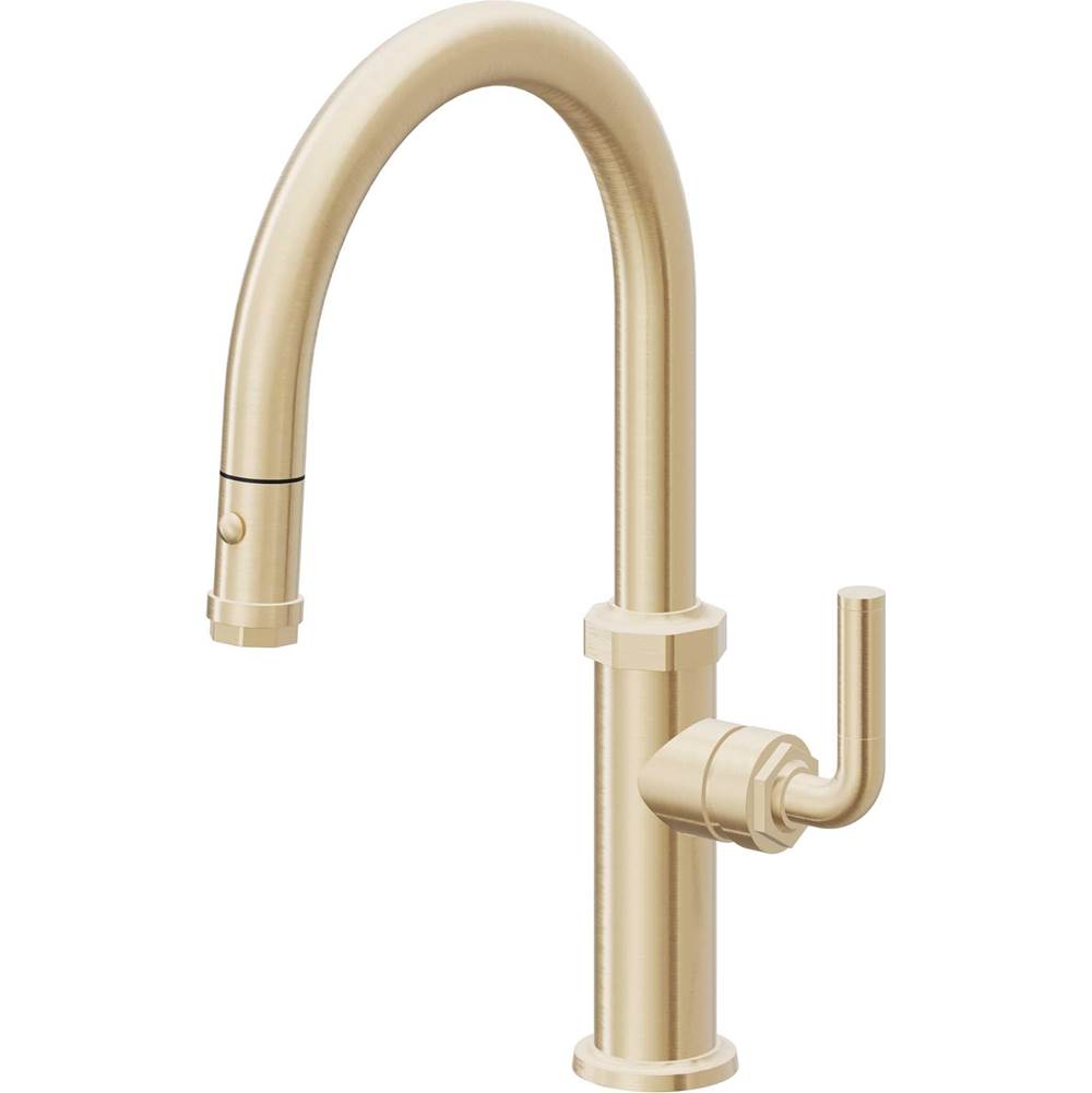 California Faucets - Pull-Down Kitchen Faucet with Button Sprayer  - Low Arc Spout - Satin Brass Pvd