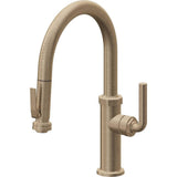 California Faucets - Pull-Down Kitchen Faucet with Squeeze Sprayer  - Low Arc Spout - Antique Brass Flat