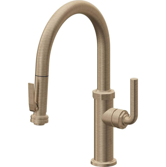 California Faucets - Pull-Down Kitchen Faucet with Squeeze Sprayer  - Low Arc Spout - Antique Brass Flat