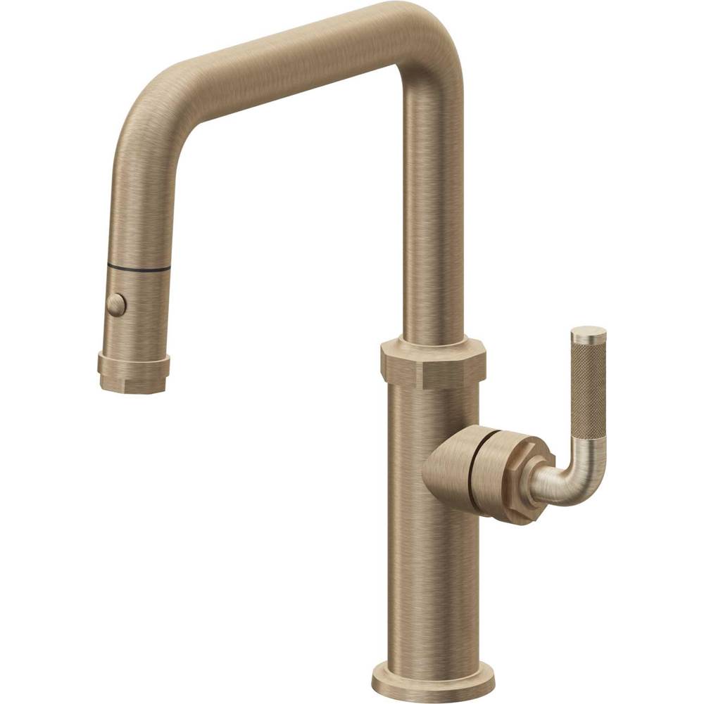 California Faucets - Pull-Down Kitchen Faucet with Button Sprayer  - Quad Spout - Antique Brass Flat