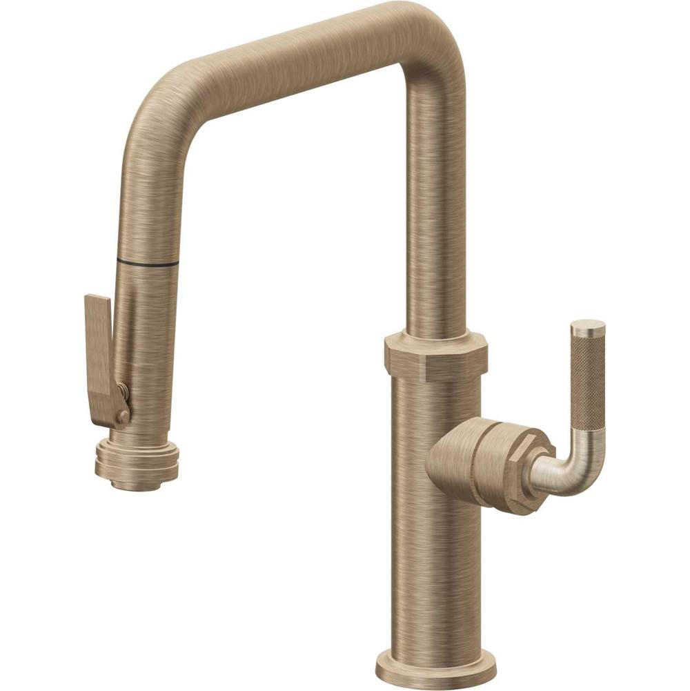 California Faucets - Pull-Down Kitchen Faucet with Squeeze Sprayer  - Quad Spout - Antique Brass Flat