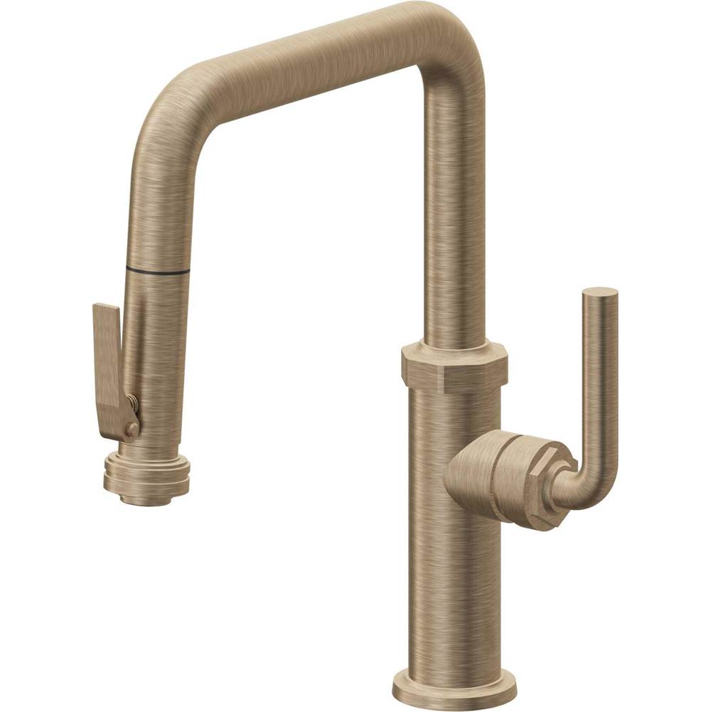 California Faucets - Pull-Down Kitchen Faucet with Squeeze Sprayer  - Quad Spout - Antique Brass Flat