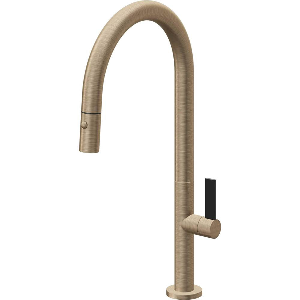 California Faucets - Pull-Down Kitchen Faucet with Button Sprayer  - High Arc Spout - Antique Brass Flat