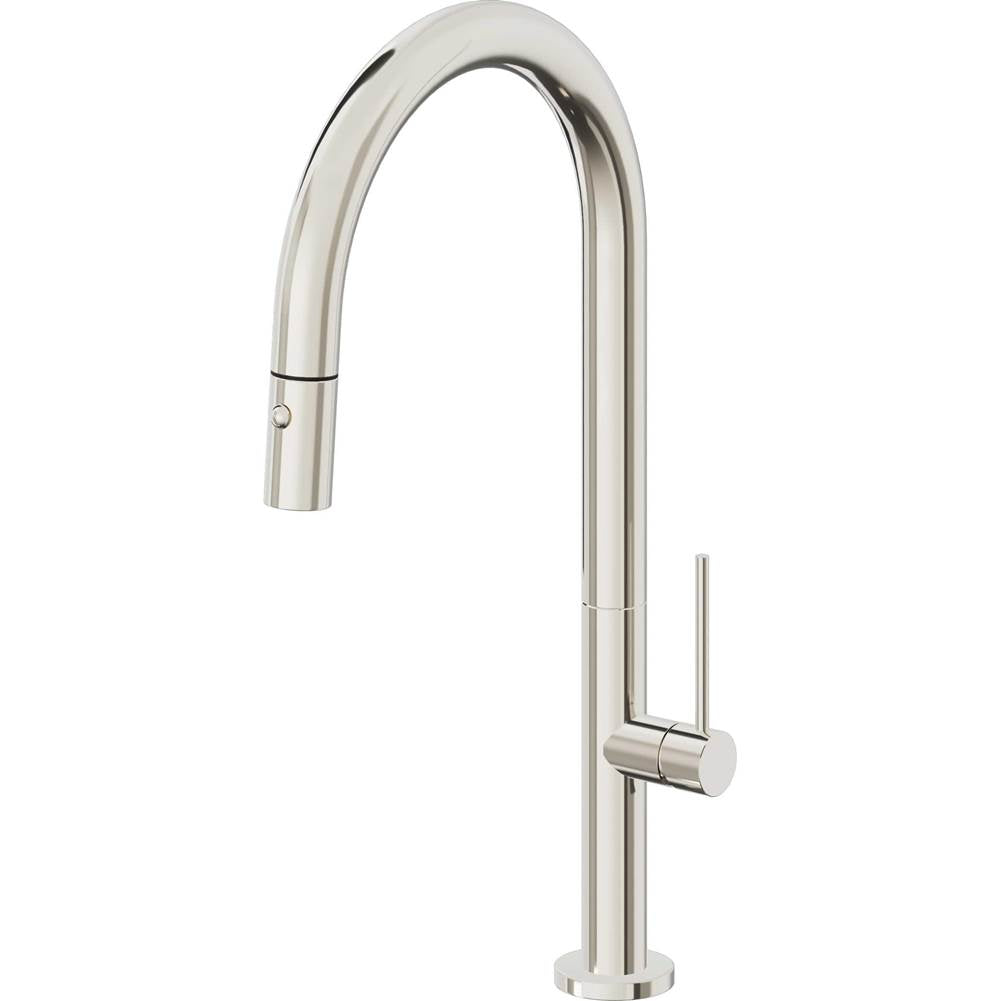 California Faucets - Pull-Down Kitchen Faucet with Button Sprayer  - High Arc Spout - Polished Nickel Pvd