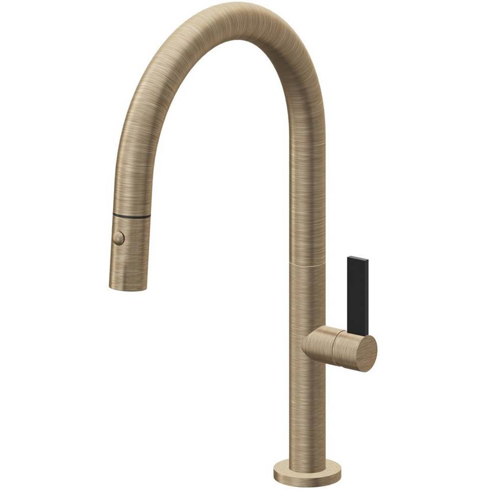 California Faucets - Pull-Down Kitchen Faucet with Button Sprayer  - Low Arc Spout - Antique Brass Flat