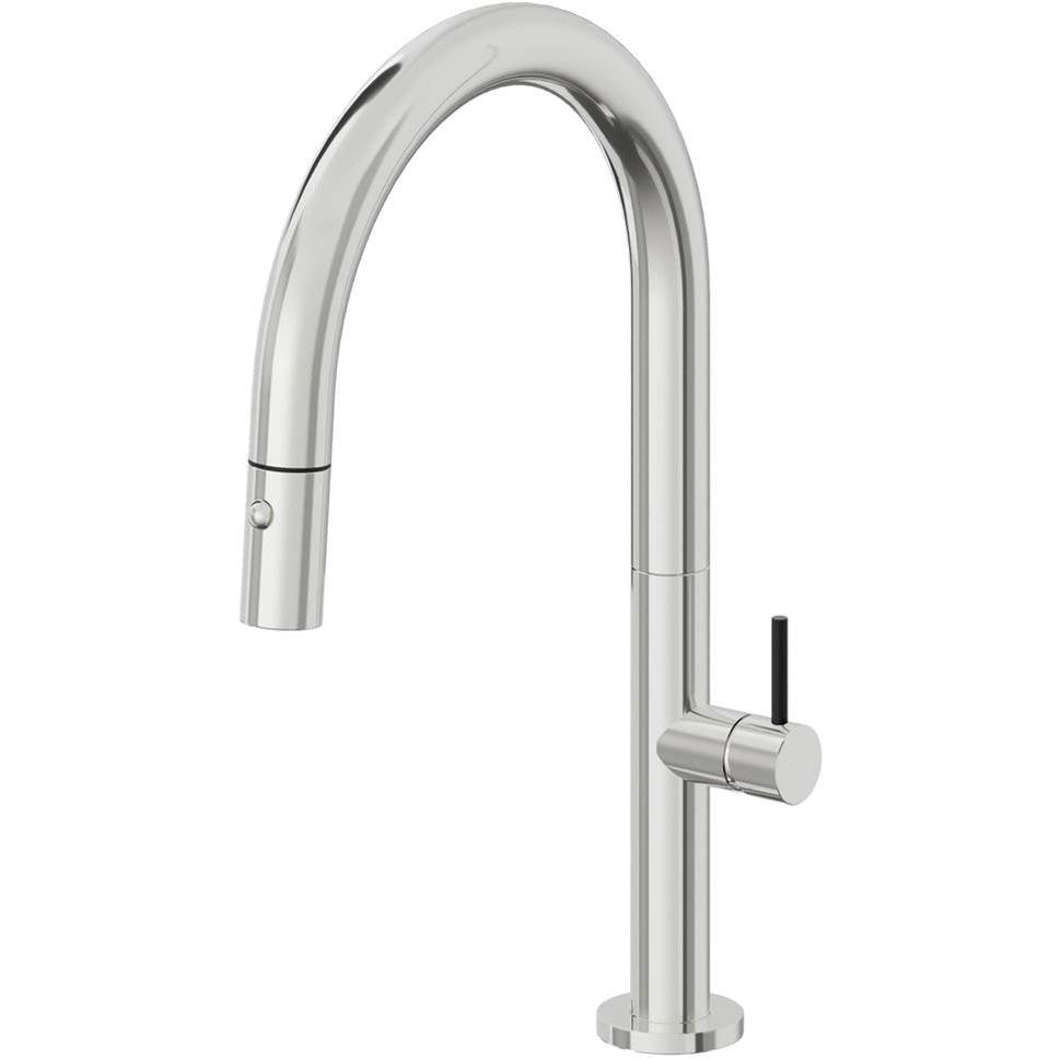 California Faucets - Pull-Down Kitchen Faucet with Button Sprayer  - Low Arc Spout - Polished Chrome