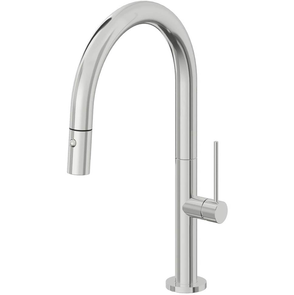California Faucets - Pull-Down Kitchen Faucet with Button Sprayer  - Low Arc Spout - Polished Chrome