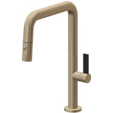California Faucets - Pull-Down Kitchen Faucet with Button Sprayer  - Quad Spout - Antique Brass Flat