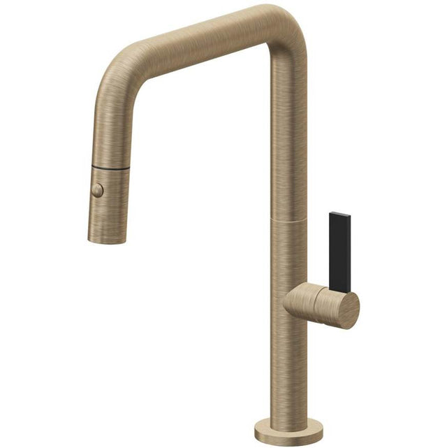 California Faucets - Pull-Down Kitchen Faucet with Button Sprayer  - Quad Spout - Antique Brass Flat