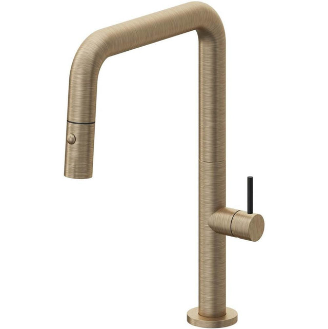 California Faucets - Pull-Down Kitchen Faucet with Button Sprayer  - Quad Spout - Antique Brass Flat