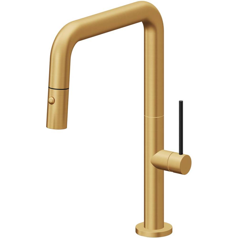California Faucets - Pull-Down Kitchen Faucet with Button Sprayer  - Quad Spout - Lifetime Satin Gold Pvd