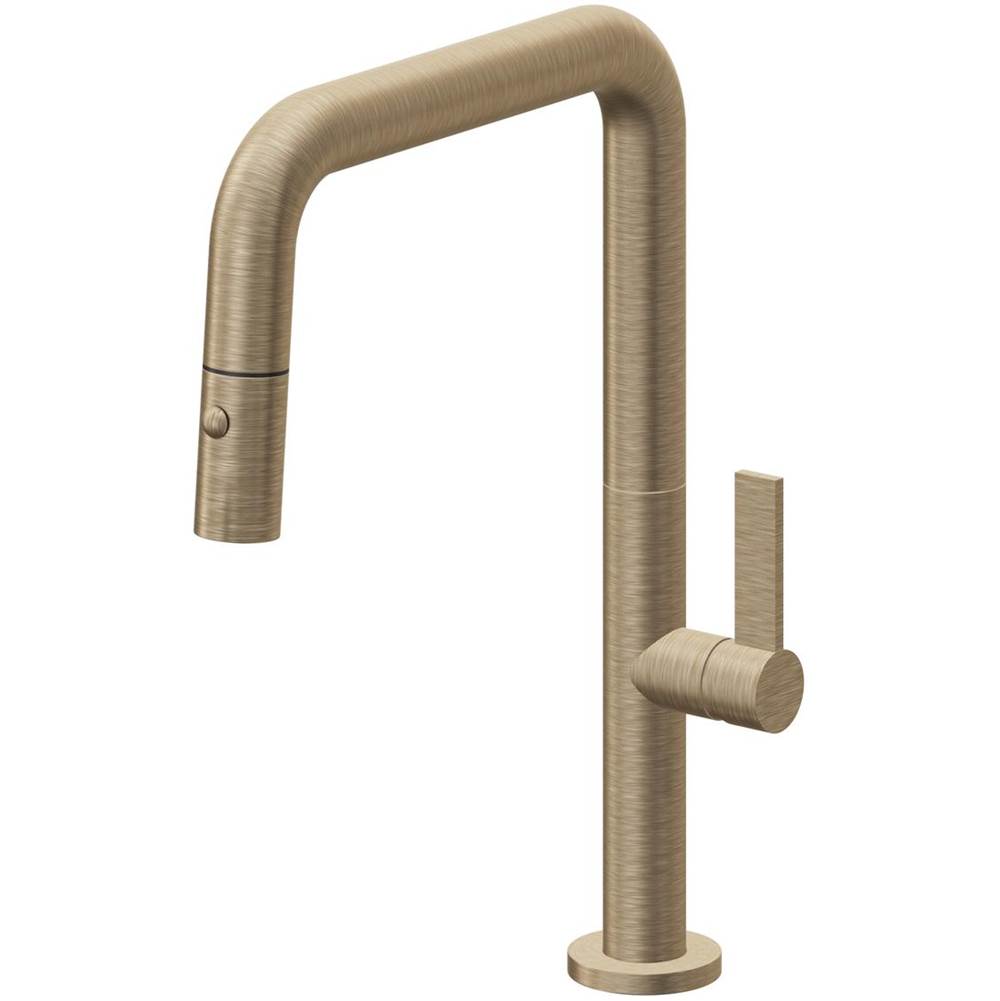 California Faucets - Pull-Down Kitchen Faucet with Button Sprayer  - Quad Spout - Antique Brass Flat
