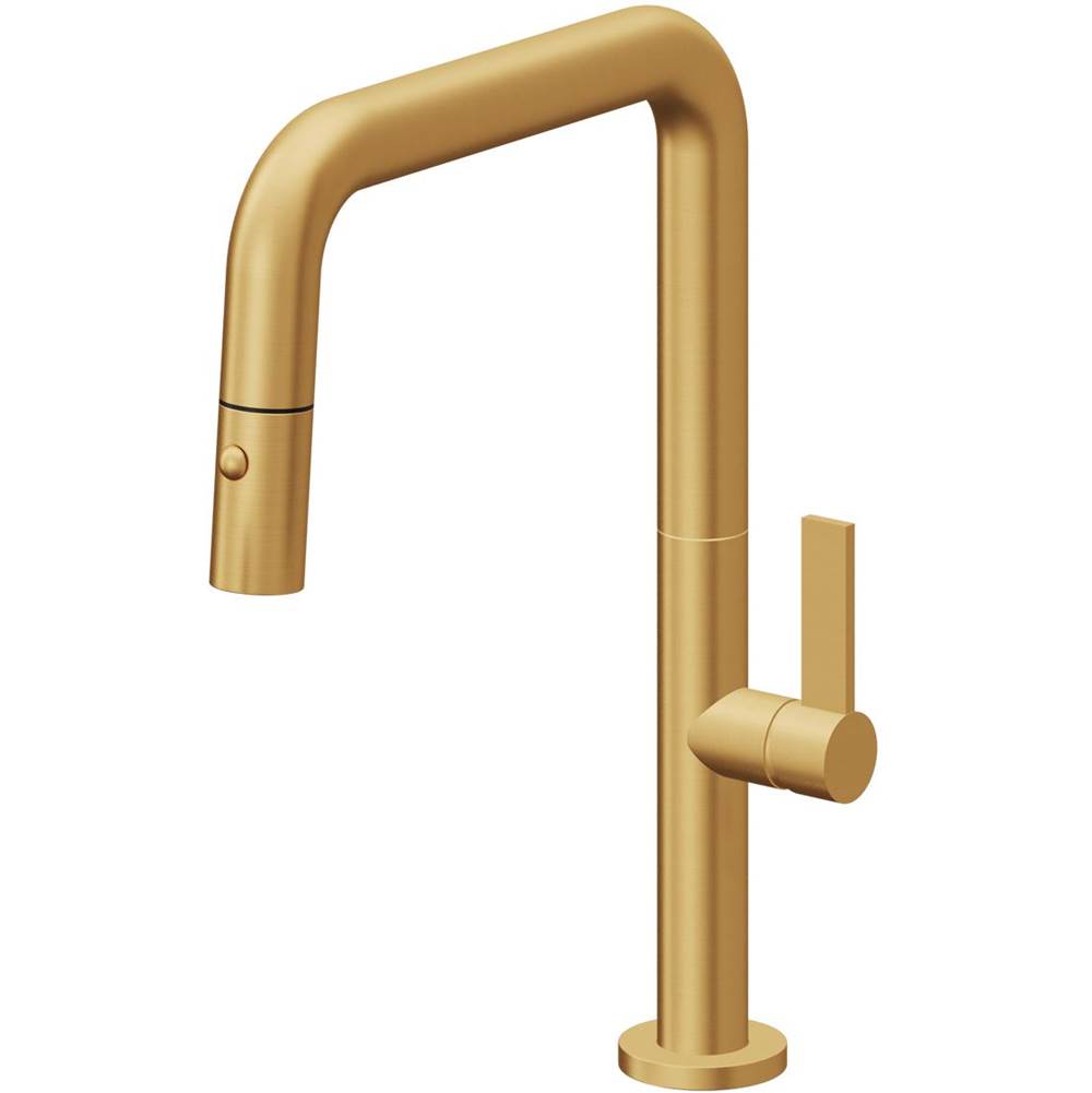 California Faucets - Pull-Down Kitchen Faucet with Button Sprayer  - Quad Spout - Lifetime Satin Gold Pvd