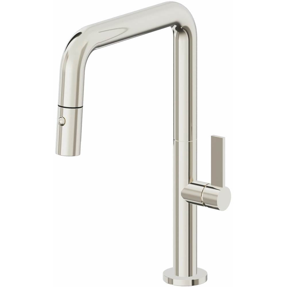 California Faucets - Pull-Down Kitchen Faucet with Button Sprayer  - Quad Spout - Polished Nickel Pvd