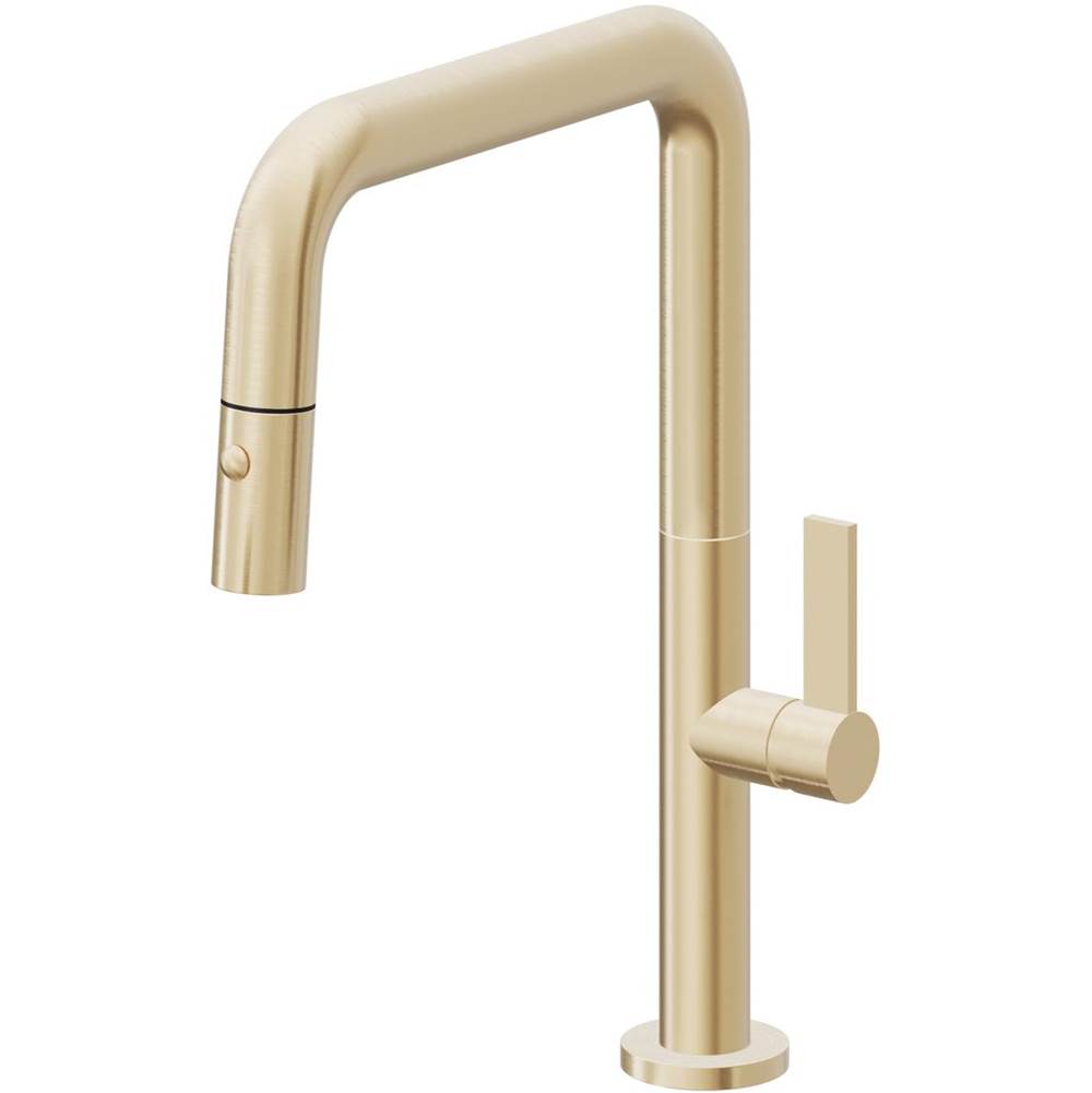 California Faucets - Pull-Down Kitchen Faucet with Button Sprayer  - Quad Spout - Satin Brass Pvd