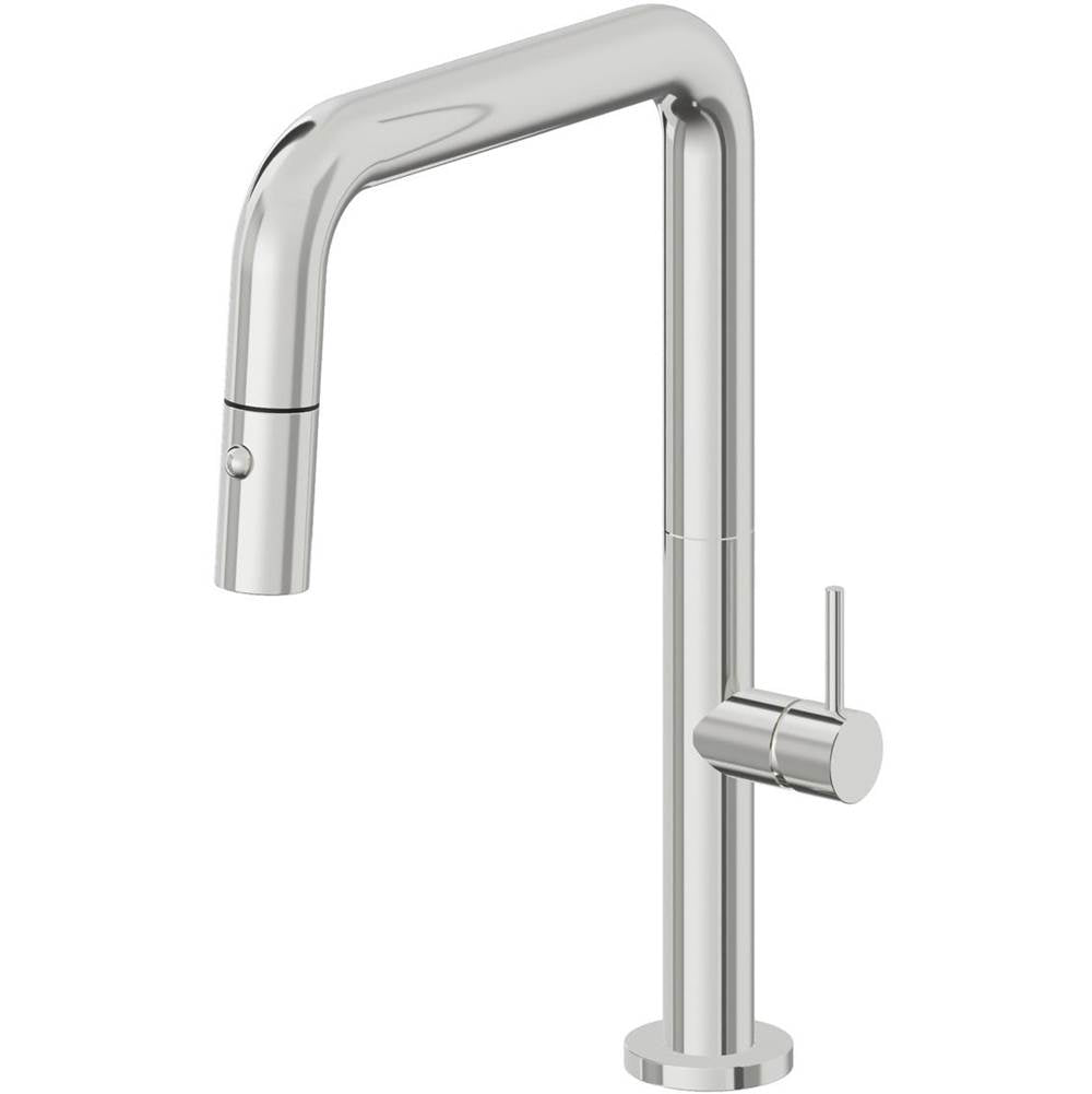 California Faucets - Pull-Down Kitchen Faucet with Button Sprayer  - Quad Spout - Polished Chrome