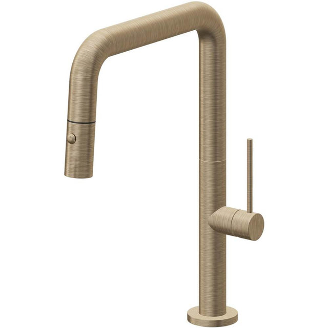 California Faucets - Pull-Down Kitchen Faucet with Button Sprayer  - Quad Spout - Antique Brass Flat