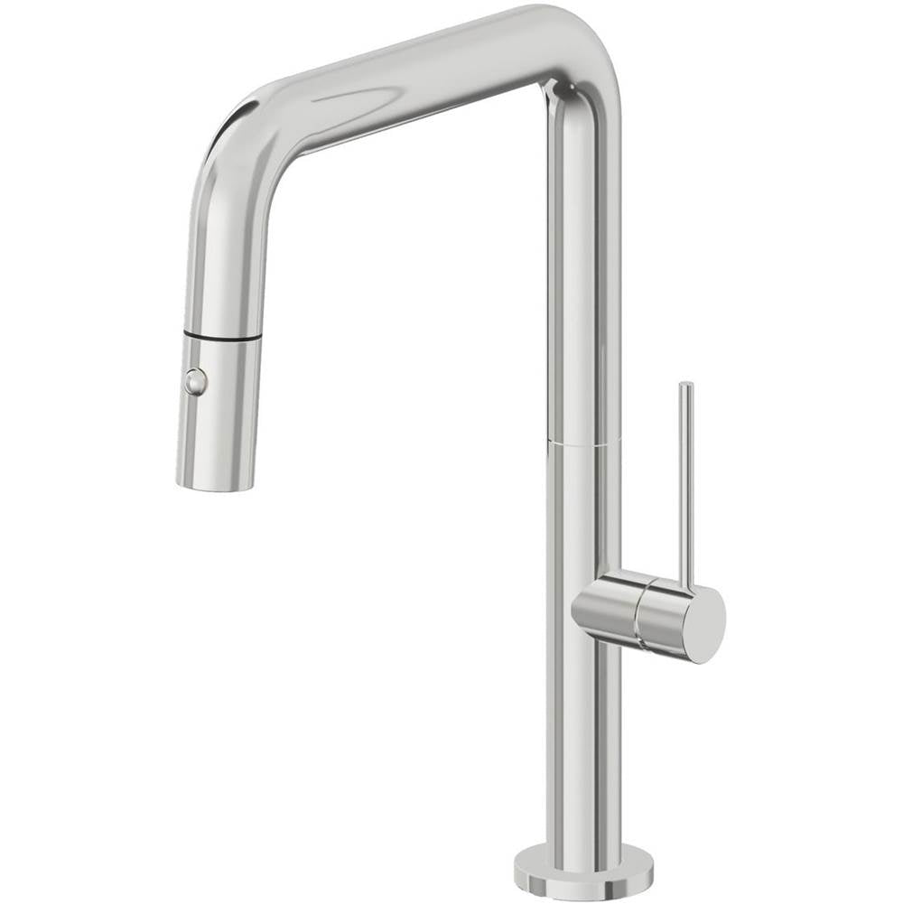 California Faucets - Pull-Down Kitchen Faucet with Button Sprayer  - Quad Spout - Polished Chrome