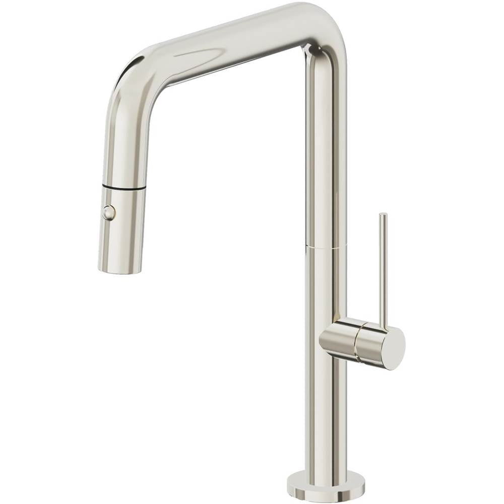 California Faucets - Pull-Down Kitchen Faucet with Button Sprayer  - Quad Spout - Polished Nickel Pvd