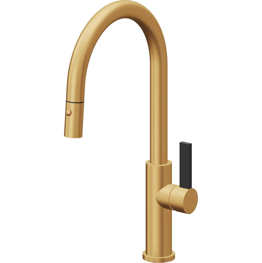 California Faucets - Pull-Down Kitchen Faucet with Button Sprayer  - High Arc Spout - Lifetime Satin Gold Pvd