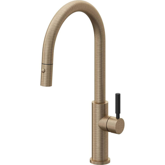 California Faucets - Pull-Down Kitchen Faucet with Button Sprayer  - High Arc Spout - Antique Brass Flat