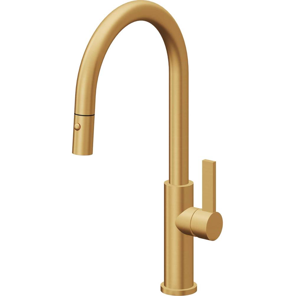 California Faucets - Pull-Down Kitchen Faucet with Button Sprayer  - High Arc Spout - Lifetime Satin Gold Pvd
