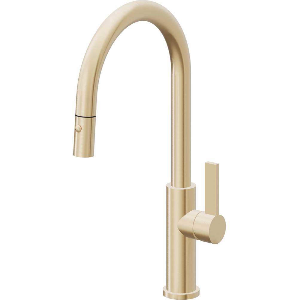California Faucets - Pull-Down Kitchen Faucet with Button Sprayer  - High Arc Spout - Satin Brass Pvd