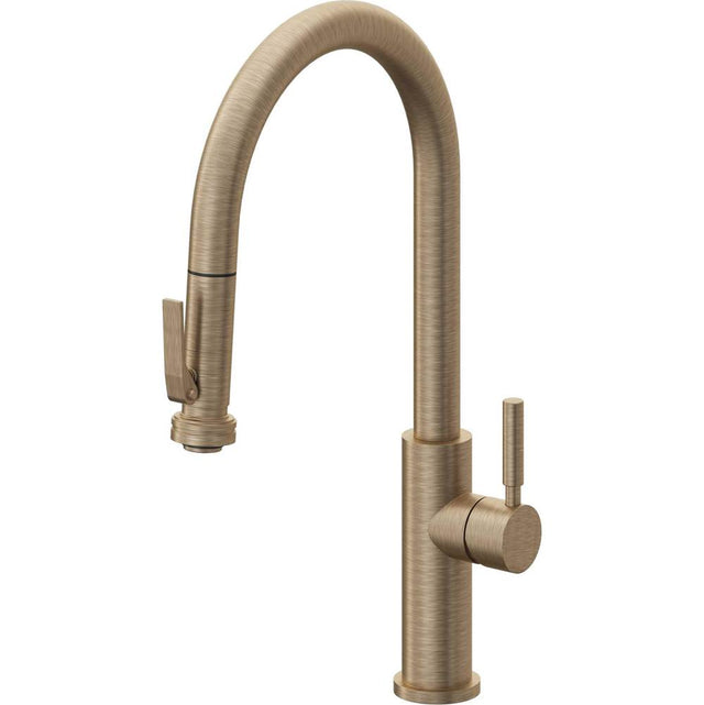 California Faucets - Pull-Down Kitchen Faucet with Squeeze Sprayer  - High Arc Spout - Antique Brass Flat