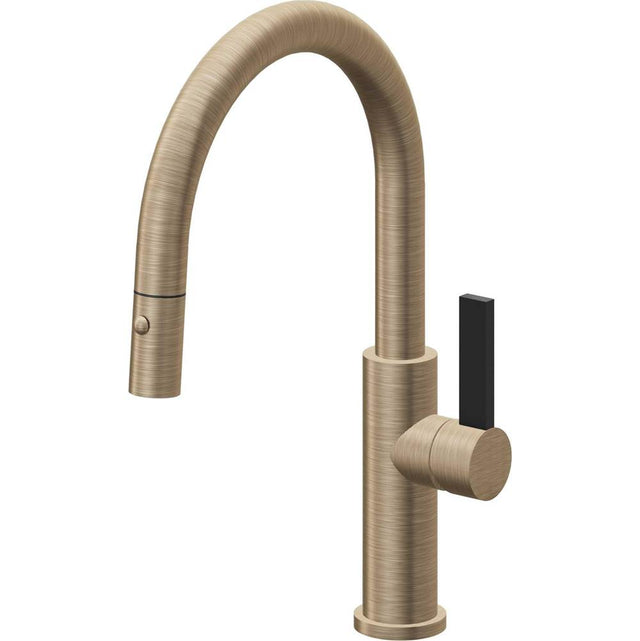 California Faucets - Pull-Down Kitchen Faucet with Button Sprayer  - Low Arc Spout - Antique Brass Flat