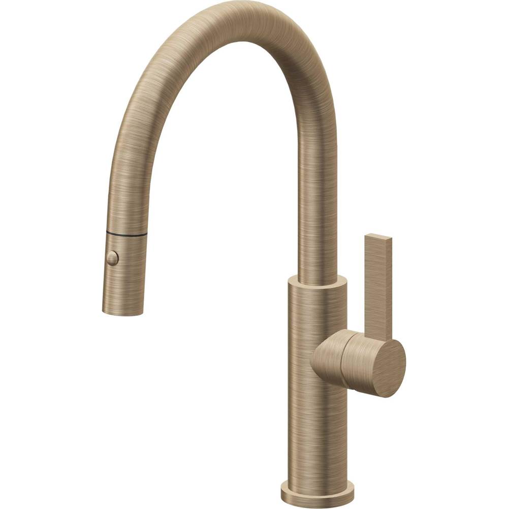 California Faucets - Pull-Down Kitchen Faucet with Button Sprayer  - Low Arc Spout - Antique Brass Flat