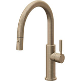 California Faucets - Pull-Down Kitchen Faucet with Button Sprayer  - Low Arc Spout - Antique Brass Flat