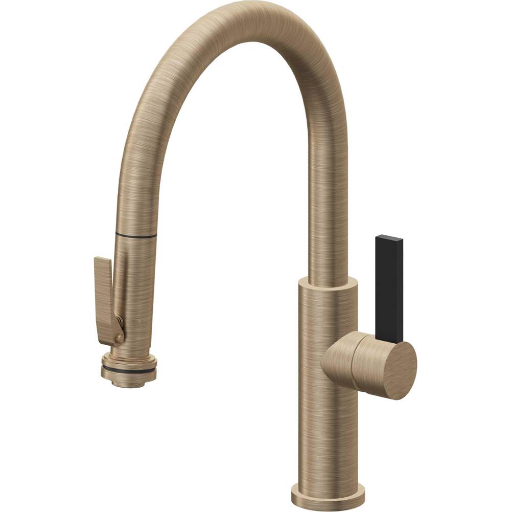 California Faucets - Pull-Down Kitchen Faucet with Squeeze Sprayer  - Low Arc Spout - Antique Brass Flat