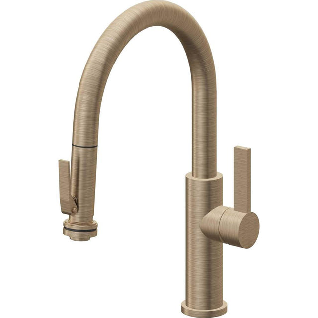 California Faucets - Pull-Down Kitchen Faucet with Squeeze Sprayer  - Low Arc Spout - Antique Brass Flat